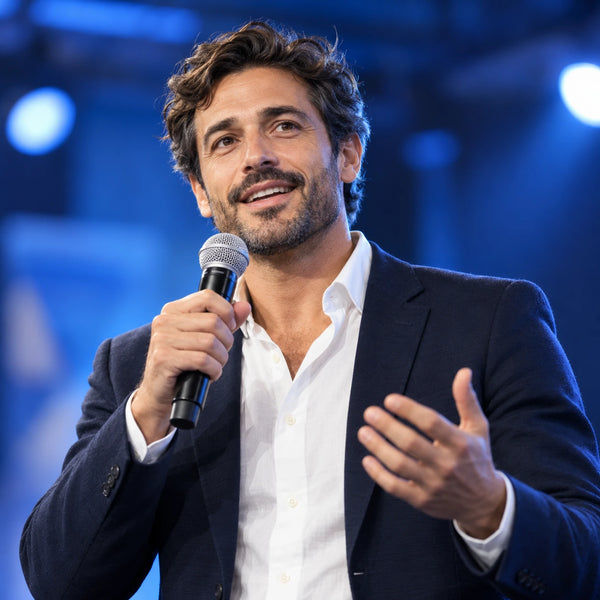 Illustrative speaker giving a talk with a microphone